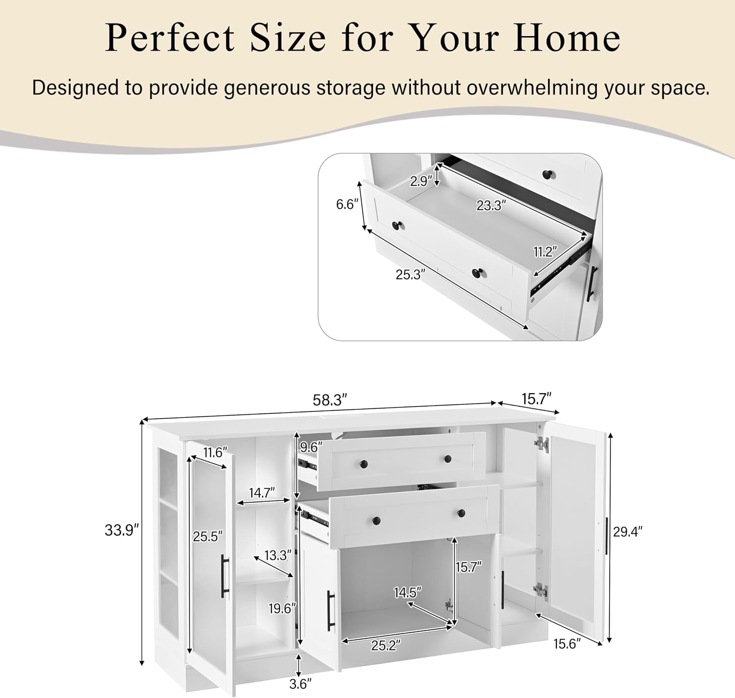 58.3" Modern Buffet Sideboard with 4 Doors & 2 Drawers, Modern Buffet Cabinet with Storage Adjustable Shelves, Power Outlet, Acrylic Panels, Storage for Dining Room, Living Room and Kitchen (White)