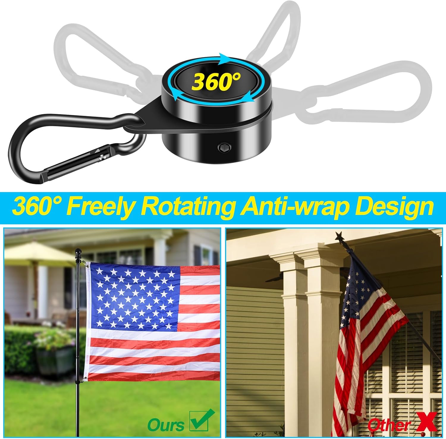 1" Black Flag Pole Rings, 2 Pcs Anti Wrap Aluminum Alloy Flag Pole Clip Swivels, 360° Rotating Flagpole Flag Mounting Ring Clips, Spinning Flag Pole Kit for 0.75-1.02" Diameter (1 Inch, Black)