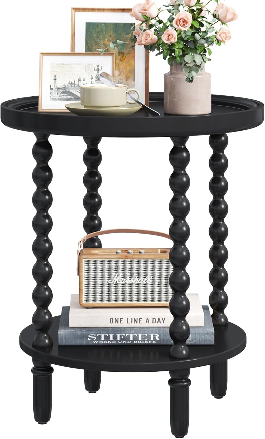 Gadroad Round End Table with Storage Shelf, Black 19.3 * 19.3 * 25.6 inches | 2 Tier Couch Side Table, Wood Coffee Table for Living Room, Bedroom