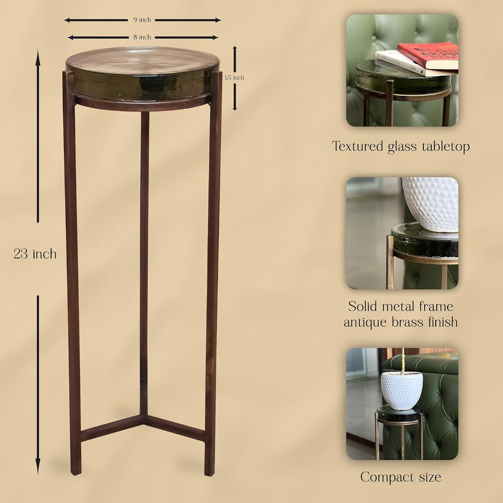 Modern Brass Drink Table, 9 x 9 x 23, with Clear Glass, Detailed Glass Accent Table for Small Spaces, Round Plant Stand for Stylish Home Decor,Christmas, New Year, Thanksgiving