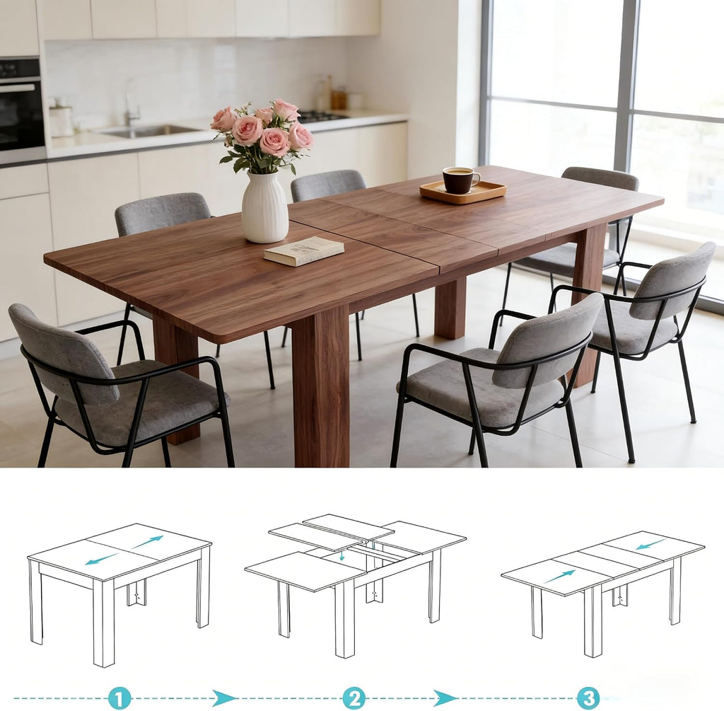 55" to 86" Expandable Dining Table with Slide-Out Leaf for 6 10 People, Modern Rectangular Dining Room Table, Wooden Extendable Kitchen Table for Office Living Room,Brown