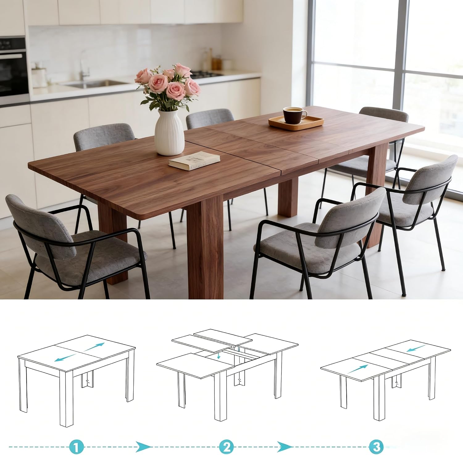 55" to 86" Expandable Dining Table with Slide-Out Leaf for 6 10 People, Modern Rectangular Dining Room Table, Wooden Extendable Kitchen Table for Office Living Room,Brown