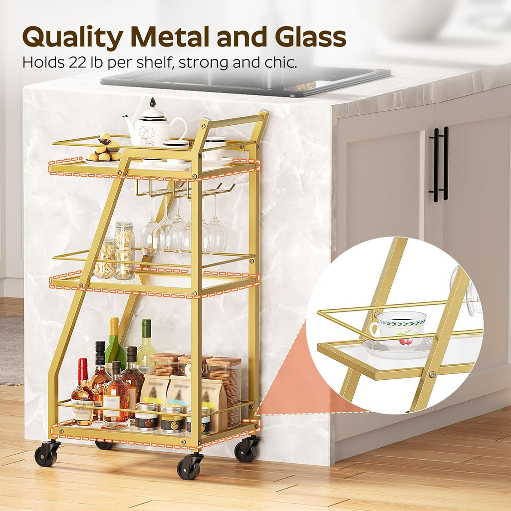 YATINEY Bar Cart, 3-Tier Home Bar Serving Cart with Wheels, Drink Cart with Glass Holder, Beverage Cart, Rolling Kitchen Cart, for Home, Living Room, Transparent and Gold BC03GD
