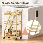 YATINEY Bar Cart, 3-Tier Home Bar Serving Cart with Wheels, Drink Cart with Glass Holder, Beverage Cart, Rolling Kitchen Cart, for Home, Living Room, Transparent and Gold BC03GD