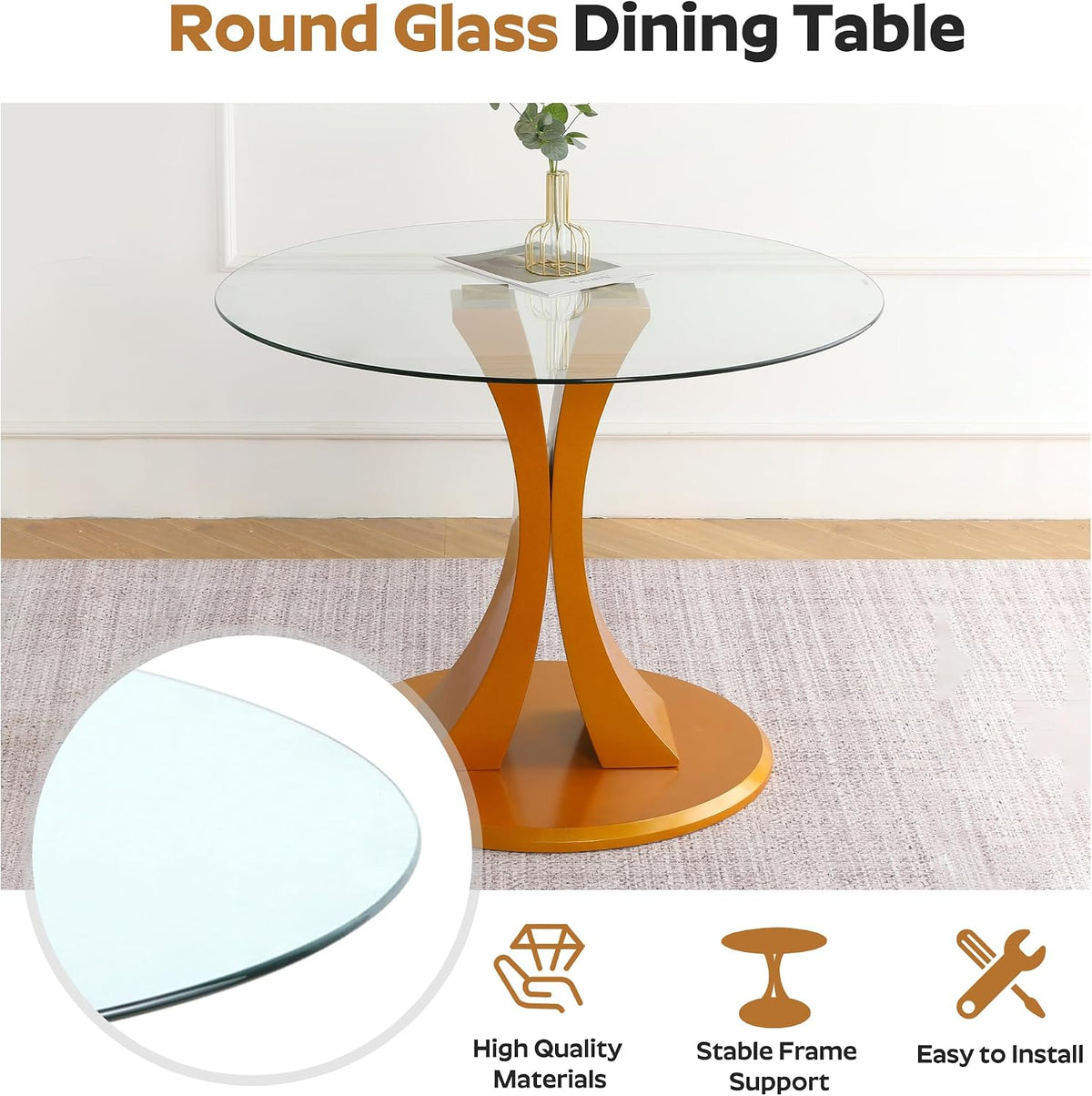 5-Piece Dining Table Set with 39In Tempered Glass Table and 4 Velvet Upholstered Chairs, Modern Scandinavian Furniture for Dining Room Kitchen(Beige&Gold)