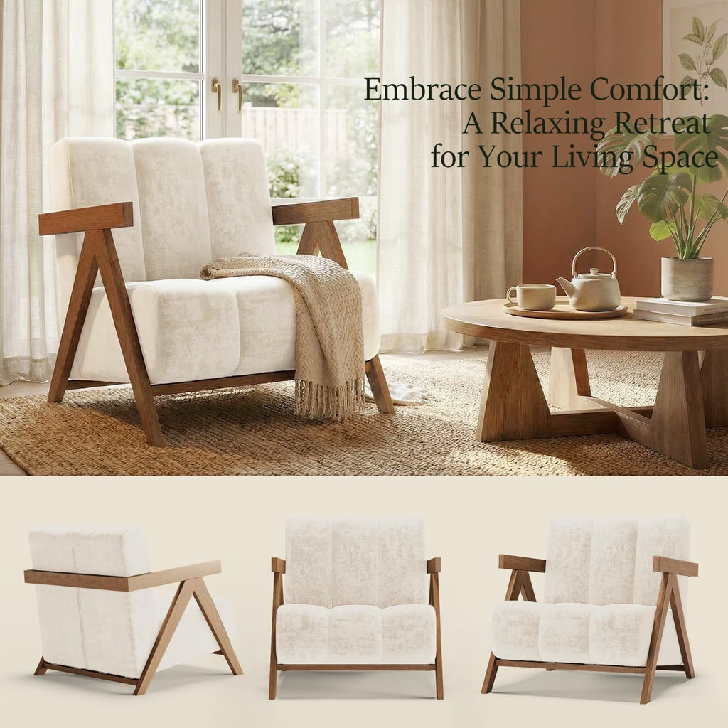 Modern Accent Chair for Living Room Bedroom,Comfy Chenille Reading Chair with Wood Frame,Oversized Upholstered Lounge Armchair with Thick High-Elastic Sponge for Apartment & Waiting Room (White,1)