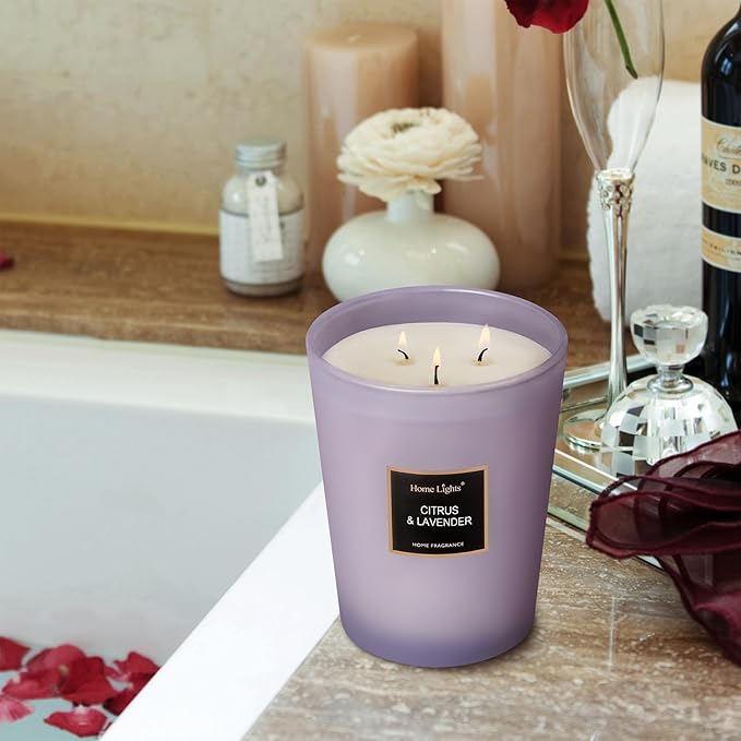 HomeLights Scented Candles - Large Jar Aromatherapy, Natural Soy Wax, 130 Hour Long Burning, Citrus & Lavender