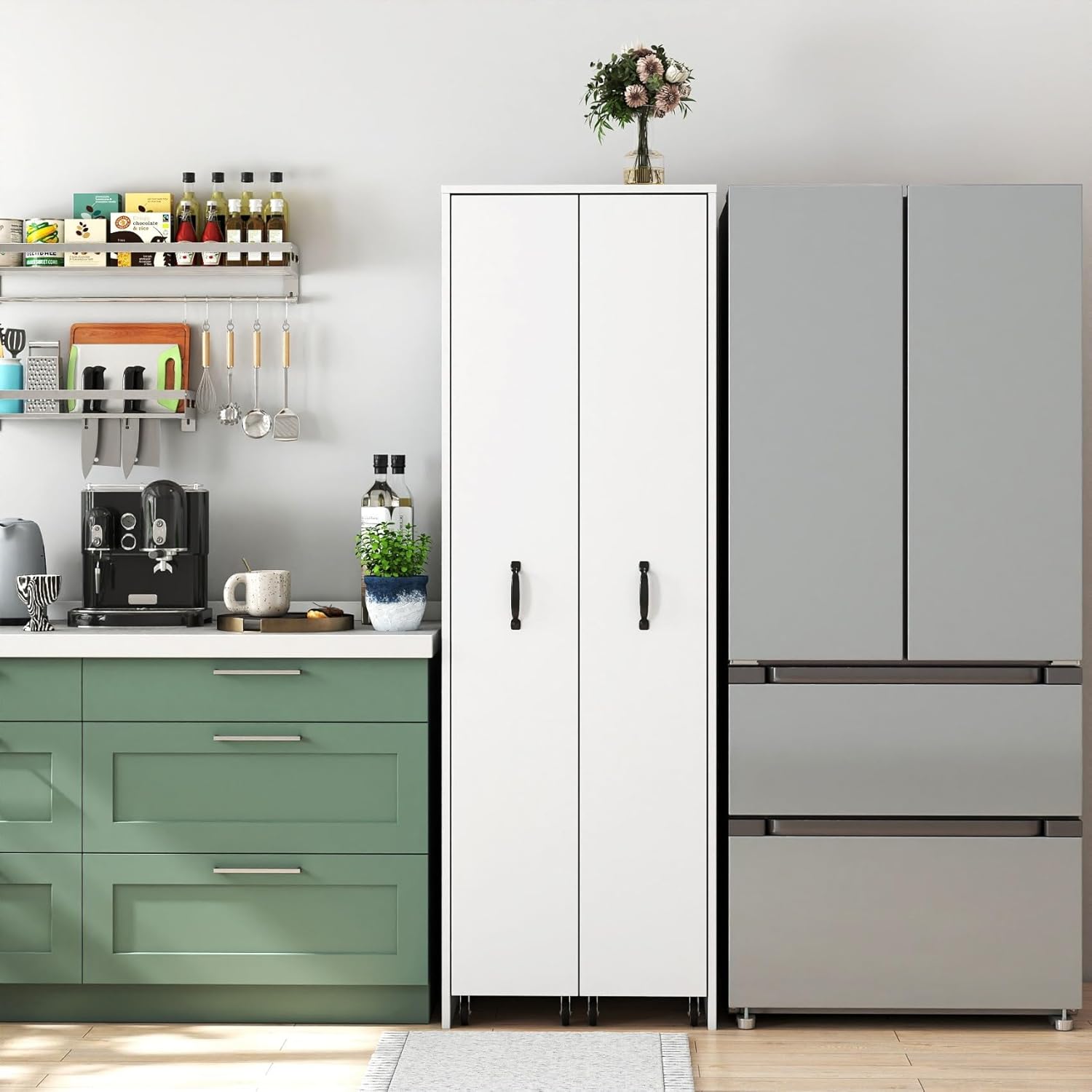 KEIKI Pull-Out Kitchen Pantry Storage Cabinet with Multi-Tier Shelf & Wheels, Spice Rack Next to Fridge, Freestanding Wood Bookcase Hutch Food Pantries Cupboard for Dining Room, Narrow Spaces, Office