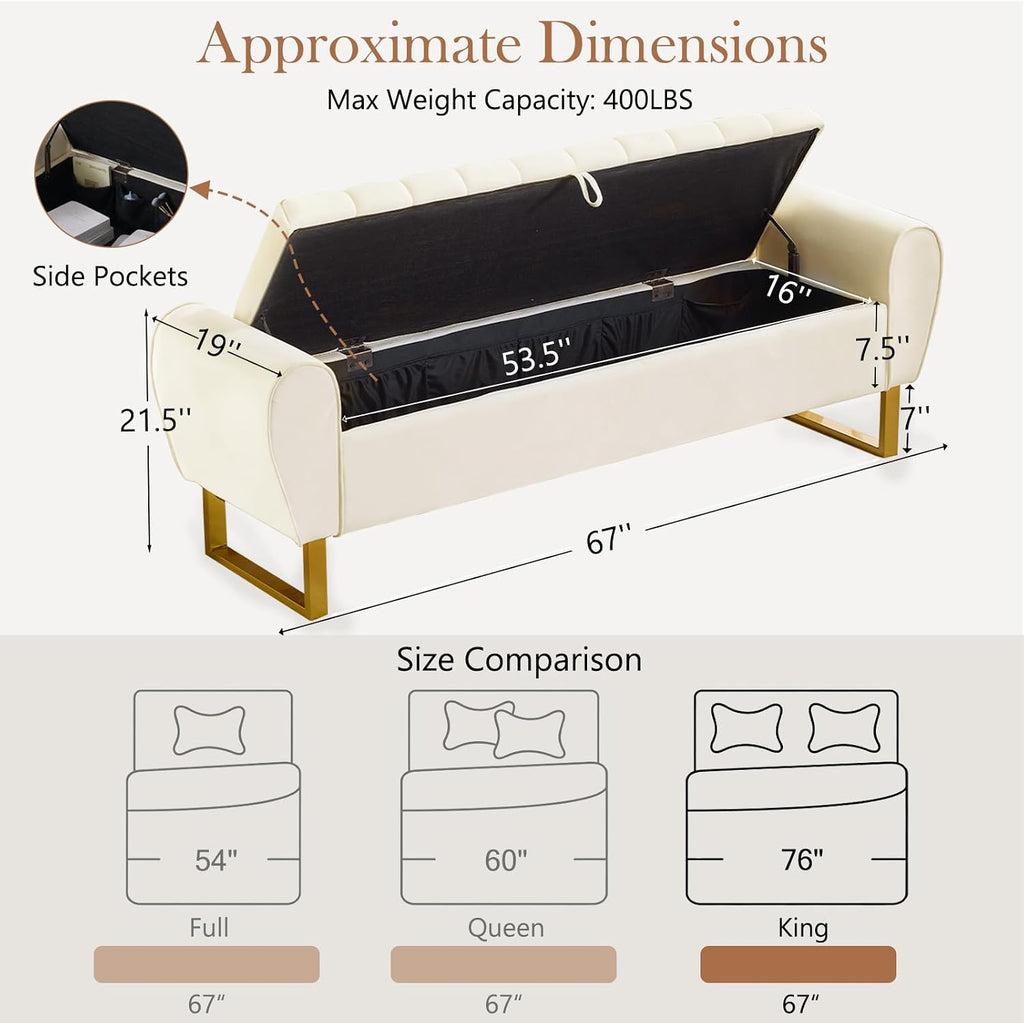67'' King Size End of Bed Storage Bench for Bedroom, Bedroom Benches for Foot of Bed King with Gold Legs, Storage Ottoman Bench with Storage for Bedroom, Velvet Beige