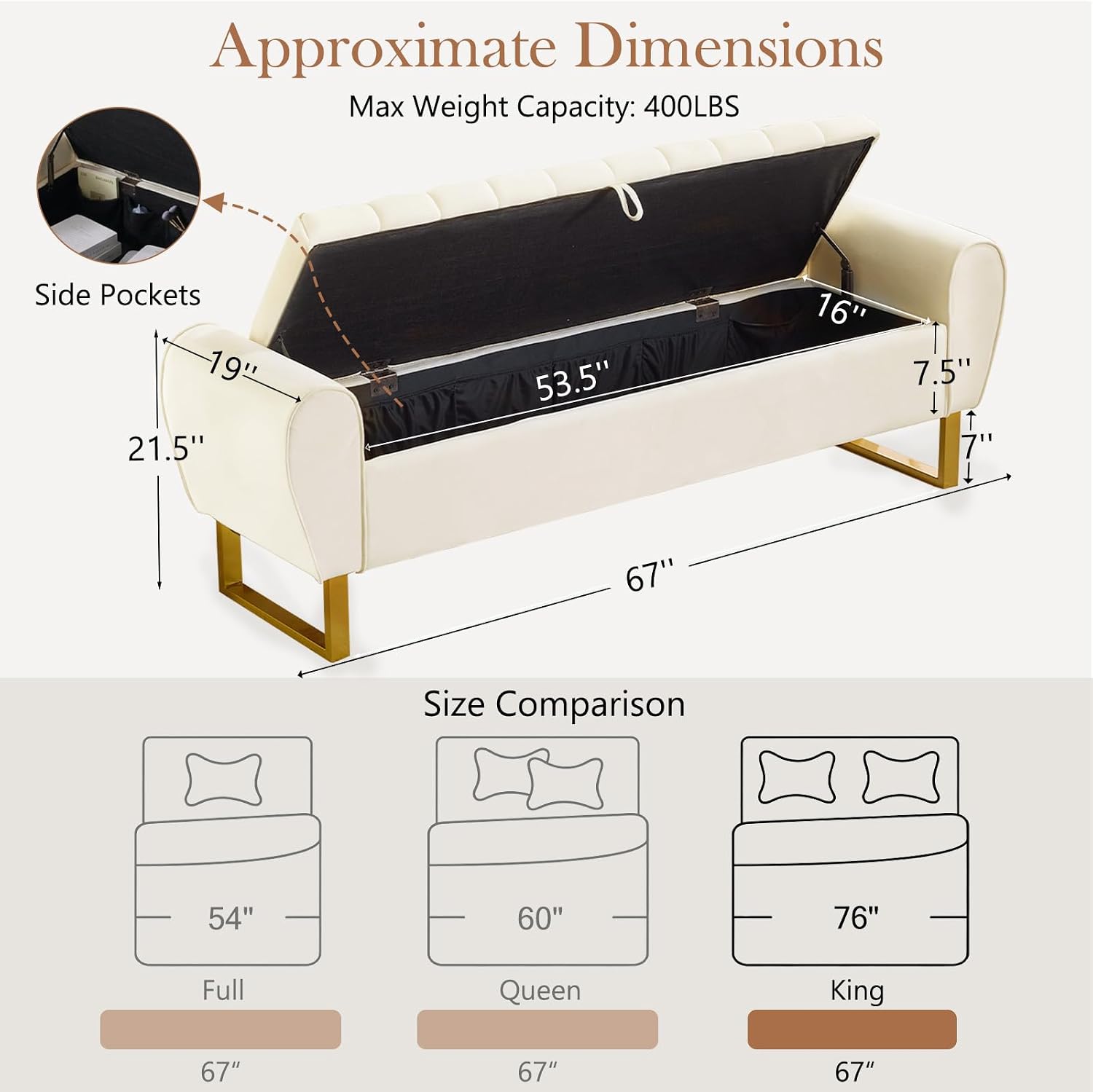 67'' King Size End of Bed Storage Bench for Bedroom, Bedroom Benches for Foot of Bed King with Gold Legs, Storage Ottoman Bench with Storage for Bedroom, Velvet Beige