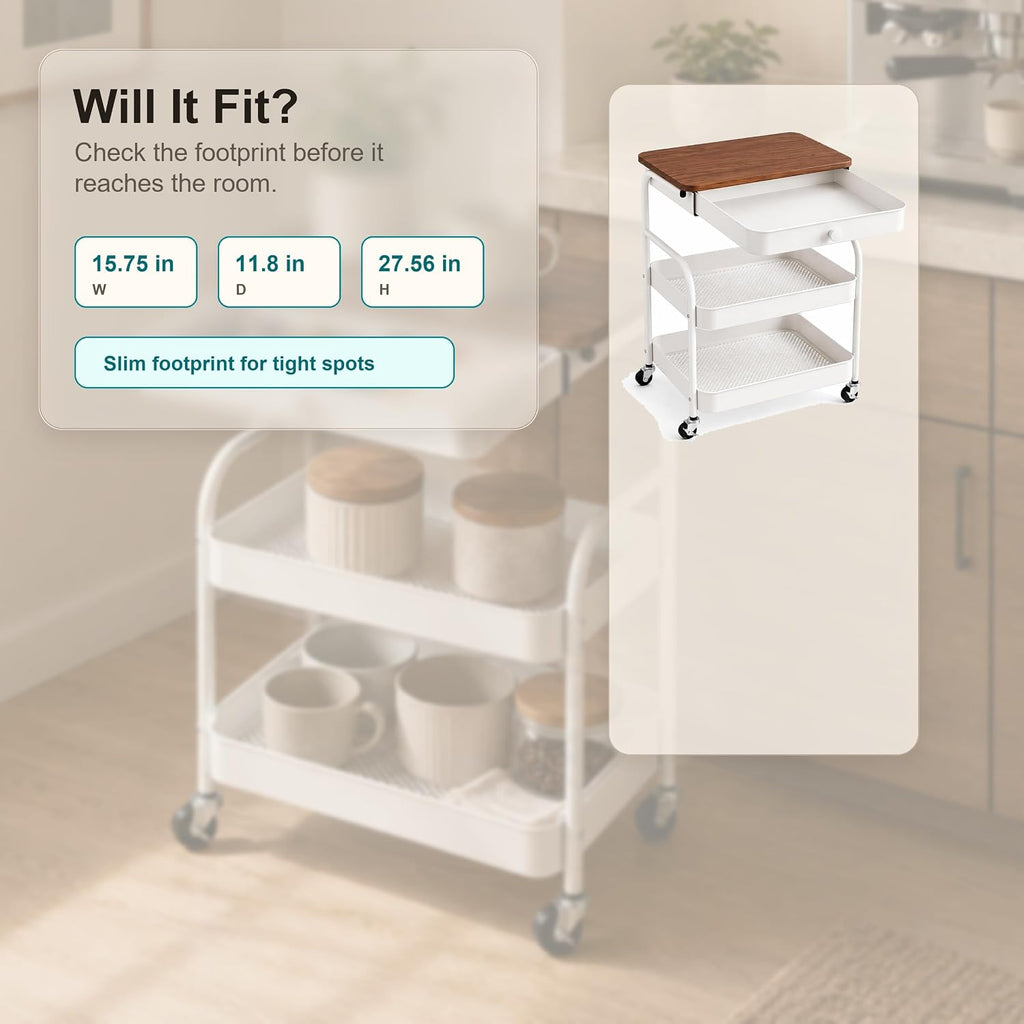 3 Tier Rolling Cart with Hidden Drawer and Wood Top, Small Space Storage Cart with Wheels, Coffee Station Organizer and Side Table Cart for Living Room, Bedroom, Kitchen, White
