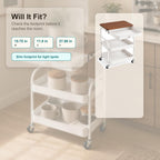 3 Tier Rolling Cart with Hidden Drawer and Wood Top, Small Space Storage Cart with Wheels, Coffee Station Organizer and Side Table Cart for Living Room, Bedroom, Kitchen, White