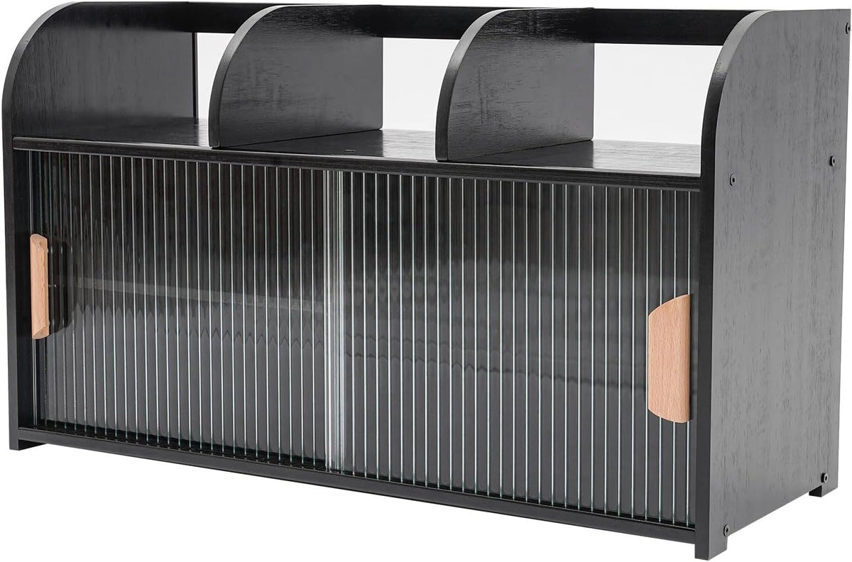 Storage Organizer Countertop Cabinet Bamboo Kitchen Pantry Sideboard Freestanding Kitchen Cabinet Top Floor Open Design 26.4 * 9.8 * 15.3in Adjustable Shelf Height with Cupboard Doors