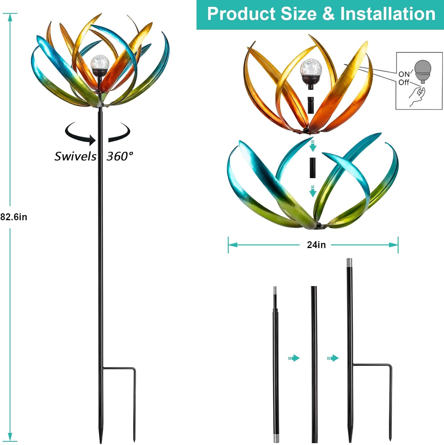 Large Solar Wind Spinners for Yard and Garden-82.6 Inch 360° Metal Wind Sculptures Outdoor Clearance Kinetic Windmills with Multi Color Led Glass Ball