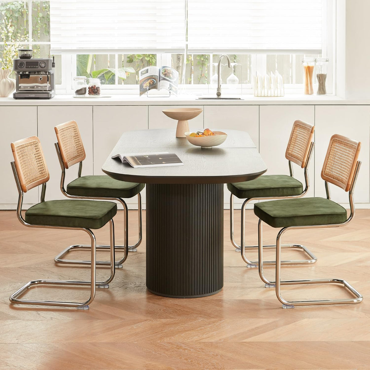 GrandNoor Rattan Dining Chairs Set of 4, Wooden Mid Century Modern Dining Room Chairs, Mesh Back Cane Kitchen Chair, Cesca Design Chairs with Metal Chrome Legs, Green