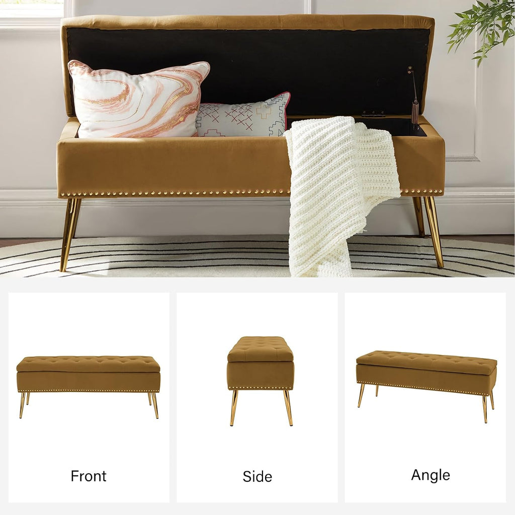 HULALA HOME Modern Velvet Storage Ottoman Bench with Gold Base & Nailhead Trim, Upholstered Bedroom Bench for End of Bed, Button-Tufted Footstool for Entryway Living Room Dining Room, Golden