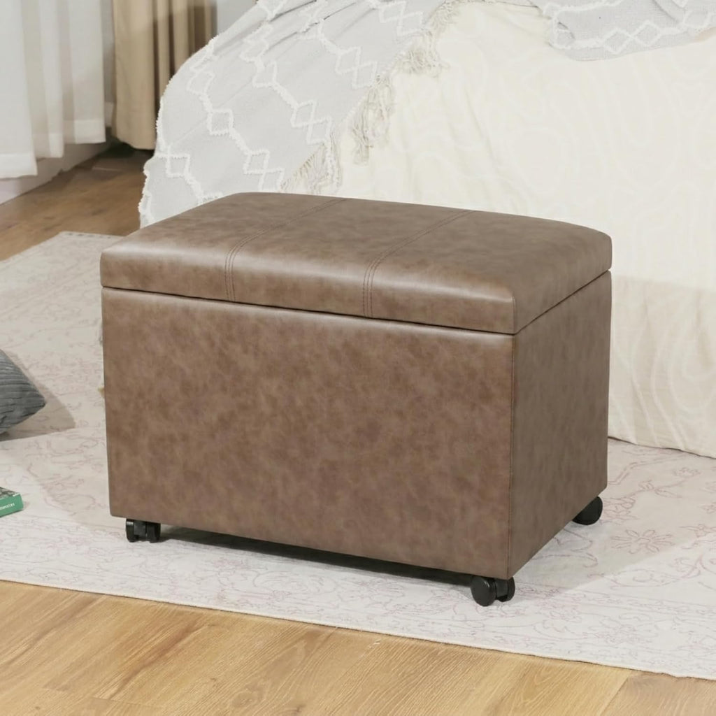 Asense 24-inch Rolling Storage Ottoman Bench, Upholstered Faux Leather Footrest with Wheels,Safety Hinge,Small Entryway Bench with Storage for Living Room, Bedroom,Brown