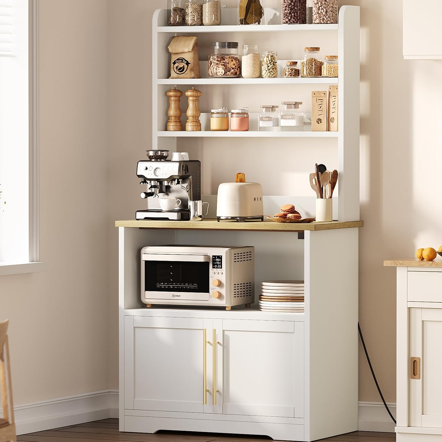 IDEALHOUSE Bakers Rack with Storage Cabinet, Microwave Stand with Power Outlets, Farmhouse Bakers Rack with Thick Table Top, Small Kitchen Bakers Rack for Kitchen,Dining Room,White & Peer Wood