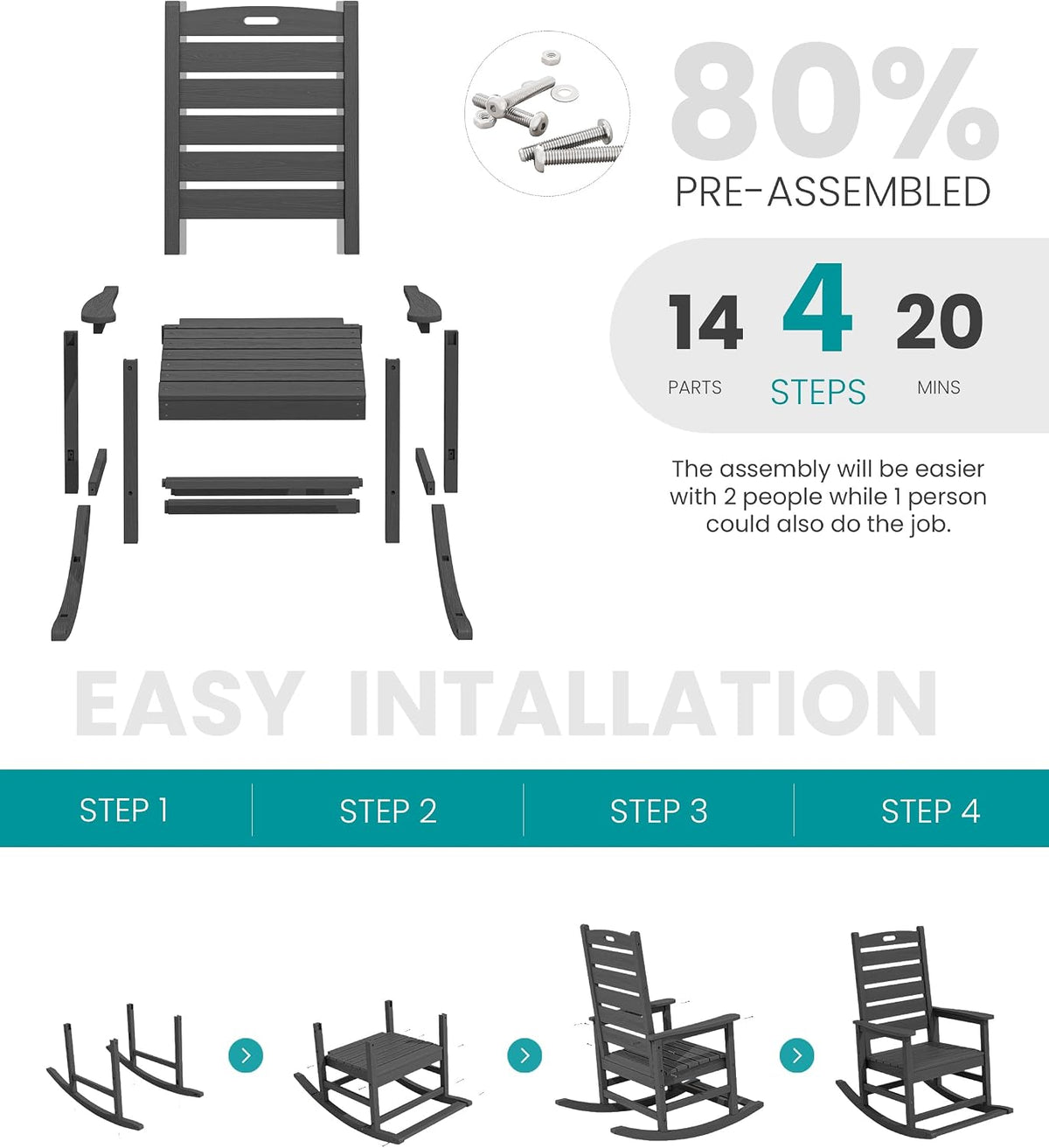 SERWALL Outdoor Rocking Chair Set of 2, Oversized Rocking Chair with Footboard for Adults, HDPE All Weather Resistant Rocking Chairs for Patio, 350lbs Weight Capacity, Gray