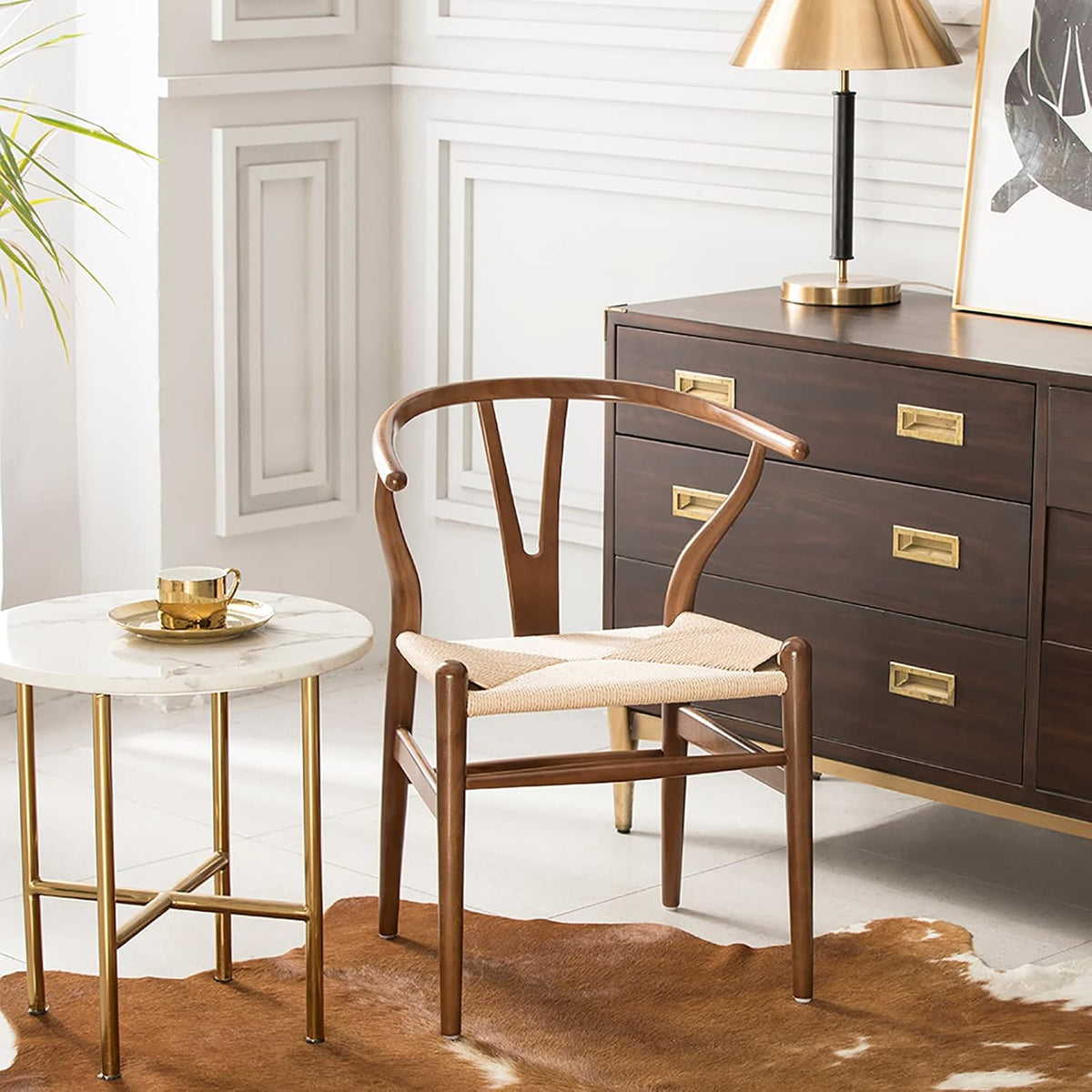 Polynices Wishbone Chair, Weave Solid Wood Mid-Century Modern Y Shaped Backrest Dining Chair (Walnut)