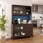 73” Kitchen Pantry Storage Cabinet, Buffet Hutch w/Power Outlets & Led Lights, Tall Cupboard w/Wine Glass Racks, Adjustable Shelves, Drawers, Microwave Stand for Dining Room (Espresso)