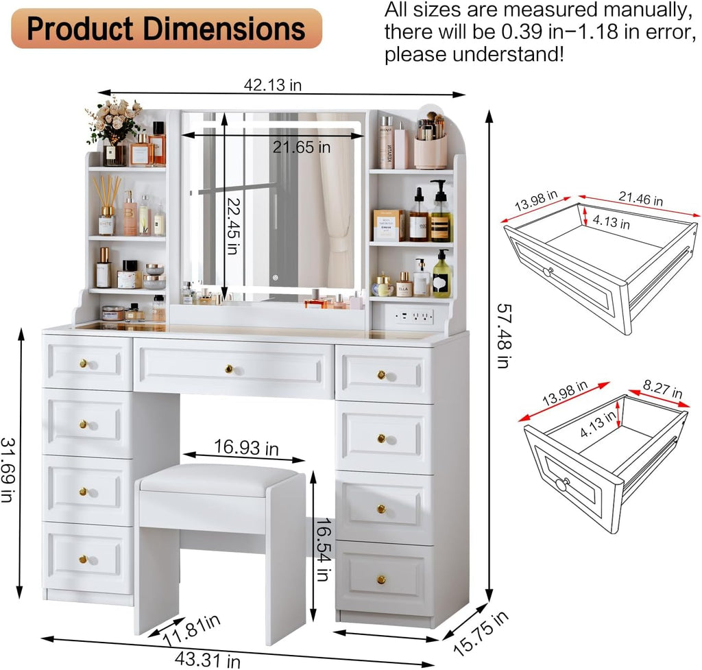 Arulvmrn 43" Makeup Vanity Desk with Mirror and Lights, & Power Outl, Glass Top Big Vanity Table with 9 Drawers& 8 Storage Shelves, Dressing Table Set with Chair for Bedroom, White