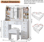 Arulvmrn 43" Makeup Vanity Desk with Mirror and Lights, & Power Outl, Glass Top Big Vanity Table with 9 Drawers& 8 Storage Shelves, Dressing Table Set with Chair for Bedroom, White