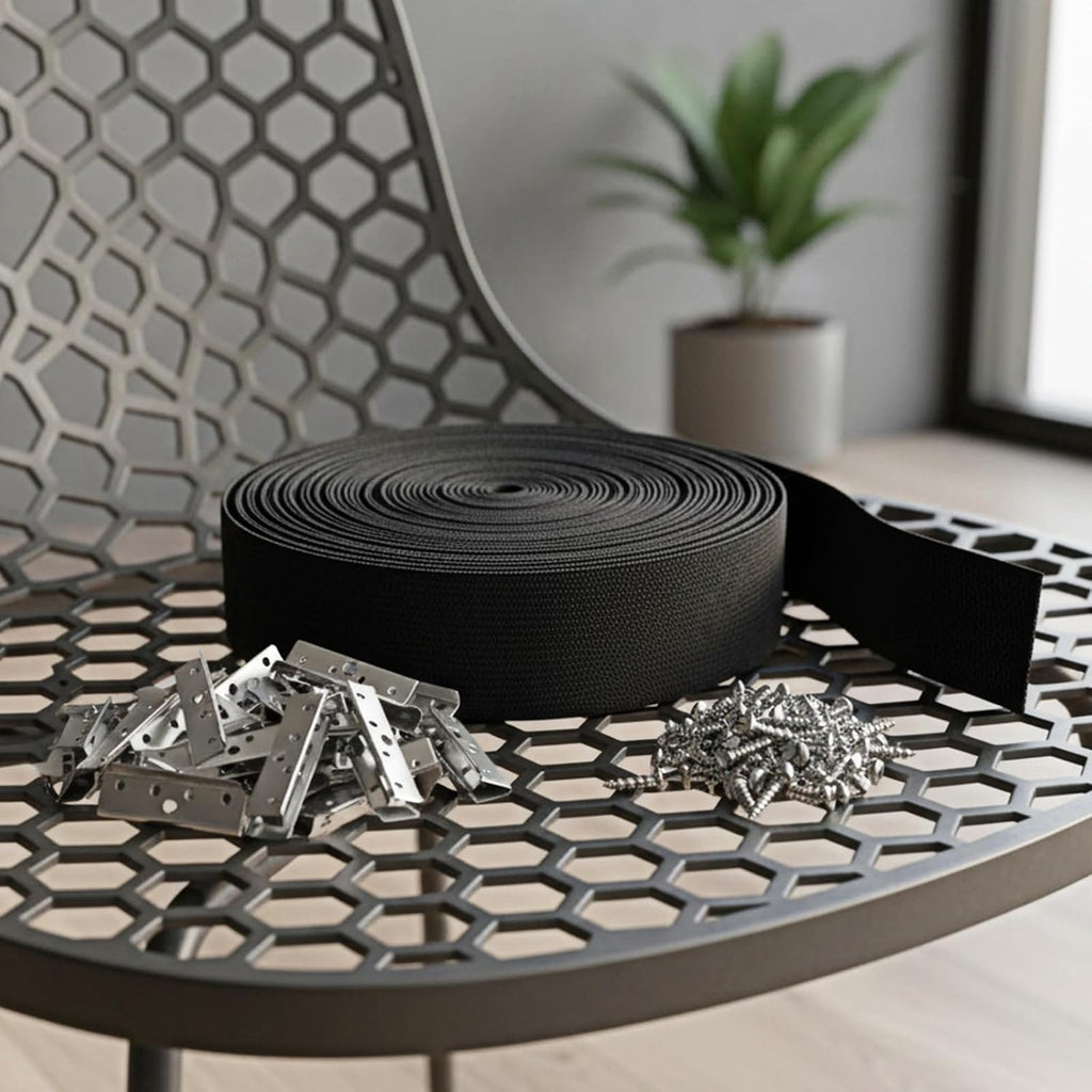 2 Inch Wide x 40 ft Chair Webbing Replacement Kit, Upholstery Webbing Elastic Band with Metal Clips and Mounting Screws to Repair Sagging Couch Chair Patio Furniture Patio (Black)