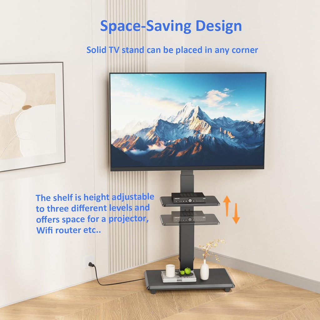 Afaloona Rolling TV Stand with Power Outlet for 32-75" TV, Max Load 110 lbs | Mobile TV cart with 18 height adjustments, ±30° swivel, media shelf and Max VESA 600×400mm for living room office and outdoor