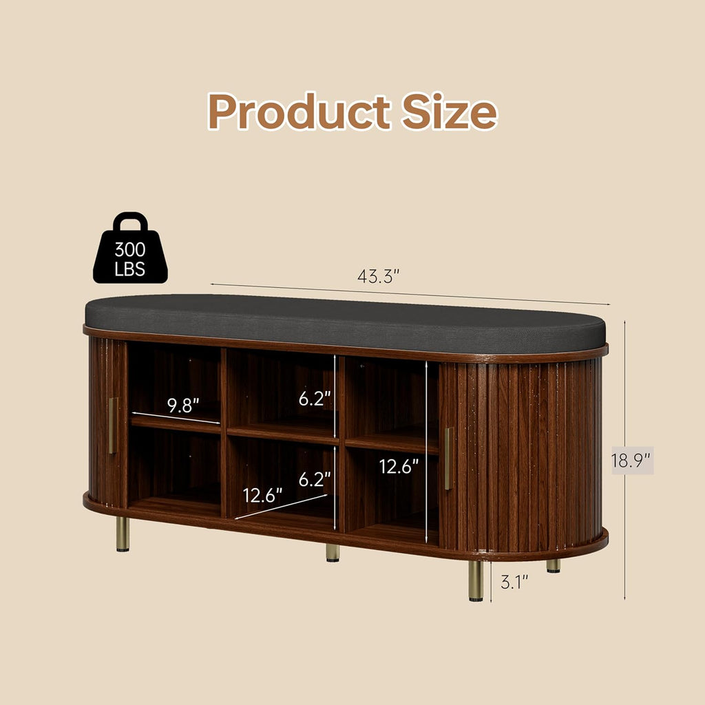 DHH 2-Tier Storage Bench,Wide Shoe Bench with Thickened Padded Seat Cushion, Mid Century Modern Fluted Sliding Door and Adjustable Shelf, for Entryway, Living Room, Bedroom (Walnut, 43.3“)