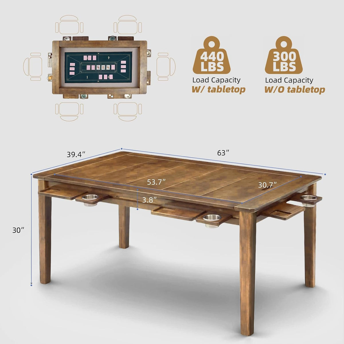 Coperat Solid Wood Board Game Table for 4-6 Players,Dining/Gaming Table w/ 54"x31" Big Gaming Space and Removable Top,Includes Game Mat, 6 Cup Holders & Hobby Tray, Light Walnut
