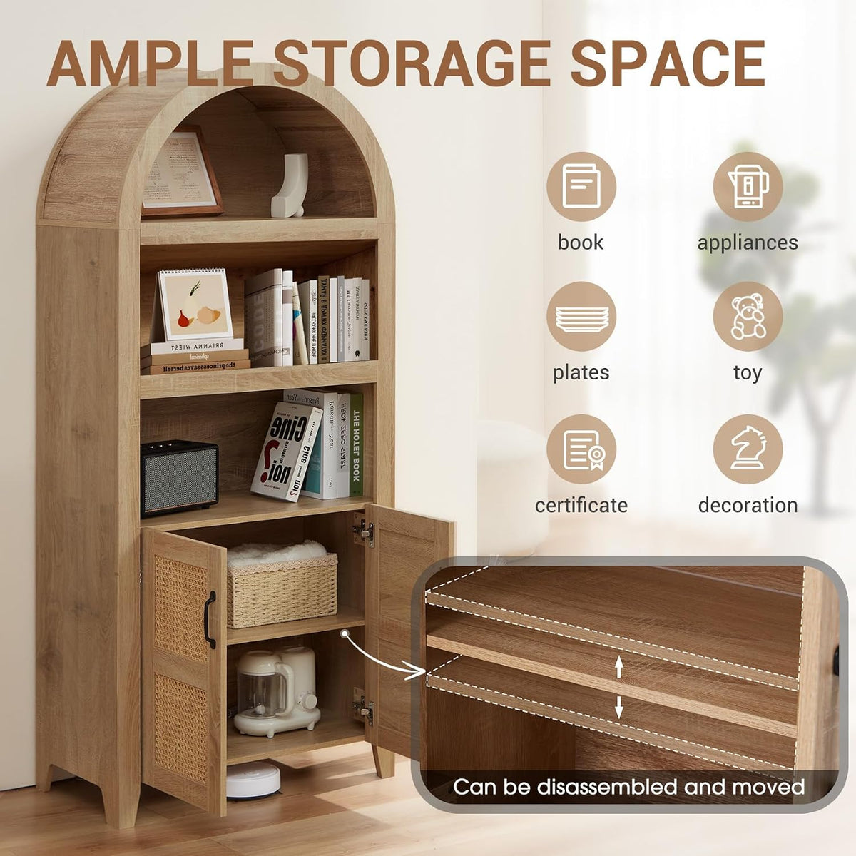 Arched Pantry Cabinet, 71" Kitchen Pantry Cabinet with Adjustable Shelf, Wood Storage Cabinets Anti-Tipping, Farmhouse for Living Room, Dining Room (Rattan Natural)