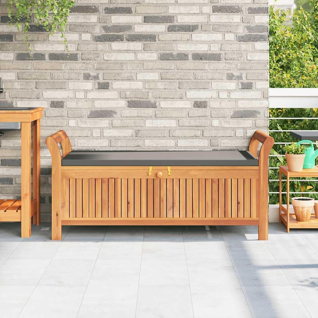 Solid Acacia Wood Patio Storage Bench with Cushion, 49.6 Inch Outdoor Garden Bench with Curved Arms and Ample Storage Space for Cushions, Pillows, Blankets