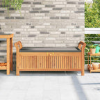 Solid Acacia Wood Patio Storage Bench with Cushion, 49.6 Inch Outdoor Garden Bench with Curved Arms and Ample Storage Space for Cushions, Pillows, Blankets