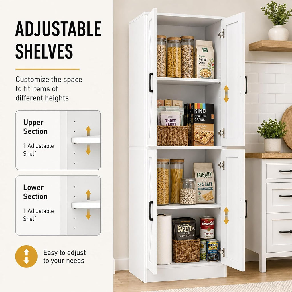 Kitchen Pantry Storage Cabinet, 68" Tall White Food Pantry Cabinet with Doors and Adjustable Shelves, Freestanding Farmhouse Storage Cabinet for Kitchen, Dining Room, Bathroom, Laundry Room (White)