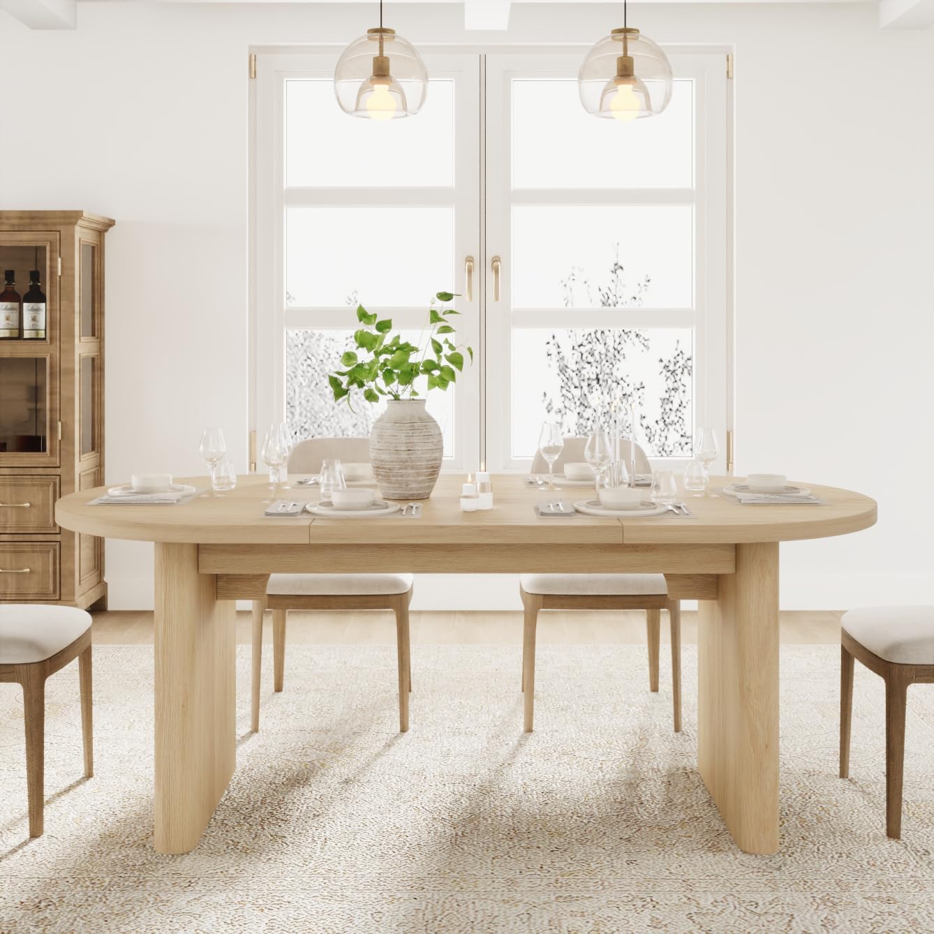 GarveeHome Oval Dining Table for 6-8 People, Long Large Kitchen Table with Thick Sturdy Wooden Base, Farmhouse Dining Room Table for for Kitchen, Living Room, Office (70.87" Long,Natural)