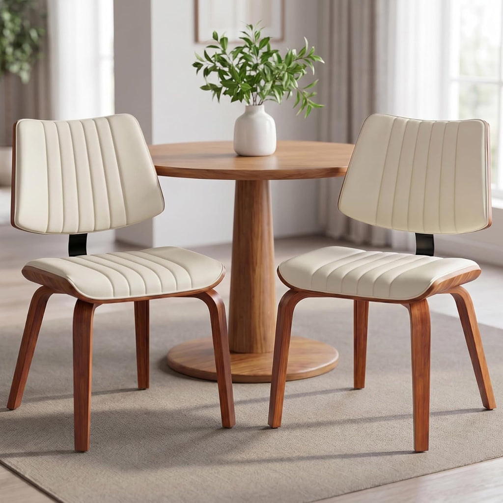 Dining Chairs Set of 2,Mid Century Modern Upholstered Kitchen Chairs with Ergonomic Curved Walnut Bentwood Back,Faux Leather Dining Chairs for Kitchen,Living Room,Study Room,Bed Room,Beige
