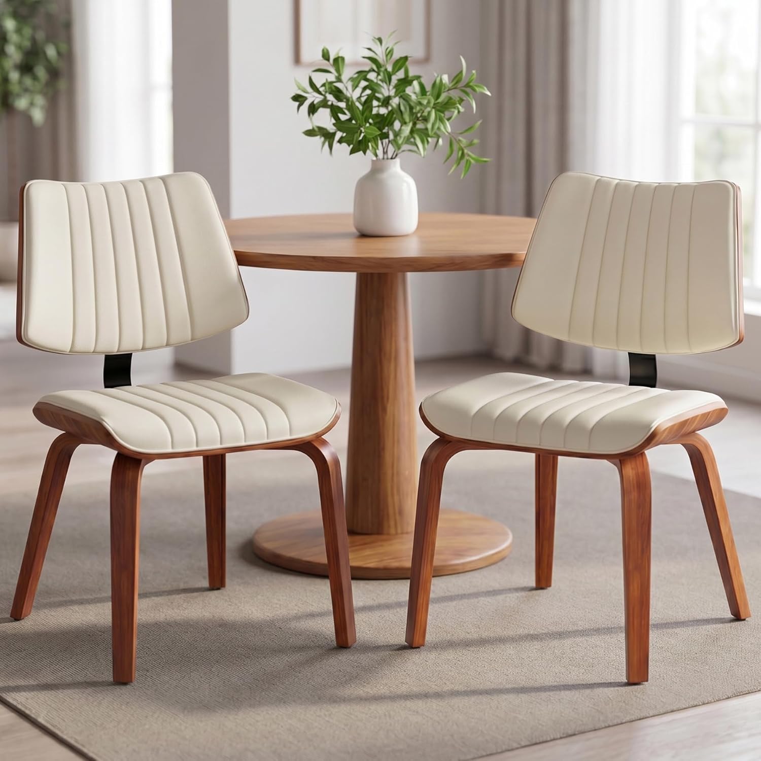 Dining Chairs Set of 2,Mid Century Modern Upholstered Kitchen Chairs with Ergonomic Curved Walnut Bentwood Back,Faux Leather Dining Chairs for Kitchen,Living Room,Study Room,Bed Room,Beige