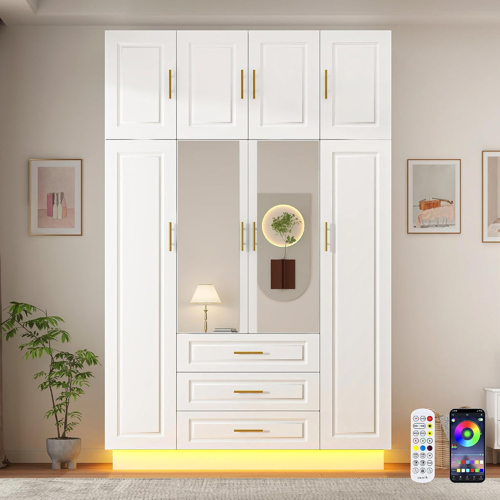 Hlivelood Large Armoire Wardrobe Closet Cabinet with Drawers and LED Lights, Multi-Tier Shelves, Hanging Rod, Large Capacity Storage 4 Door Wardrobe Armoire with Top Cabinet for Bedroom, White