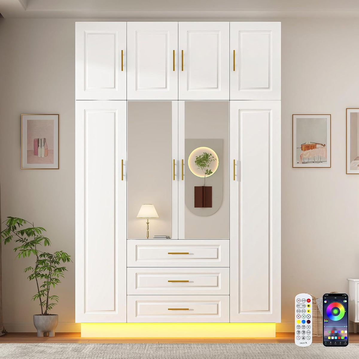 Hlivelood Large Armoire Wardrobe Closet Cabinet with Drawers and LED Lights, Multi-Tier Shelves, Hanging Rod, Large Capacity Storage 4 Door Wardrobe Armoire with Top Cabinet for Bedroom, White