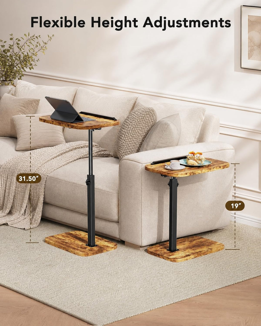 HUANUO TV Tray Table, Adjustable Height TV Tray with 360° Swivel & 90° Tilt Tabletop, TV Tables for Eating with Anti-Slip Bar, TV Tray for Bed, Sofa, Dining, Laptop, Living Room & Home Office