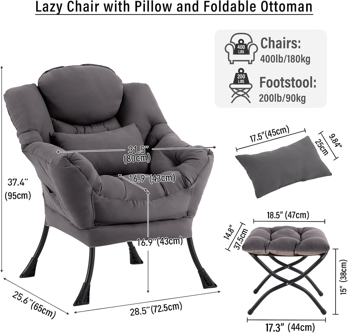 Lazy Chair with Ottoman, Comfy Chair with Pillow，Dark Grey