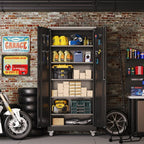 Aobabo Metal Storage Cabinet with Wheels and Door Pegboard | Garage and business storage for tools and office supplies; 5 adjustable shelves, lockable black cabinet, 16"D x 32"W x 71"H