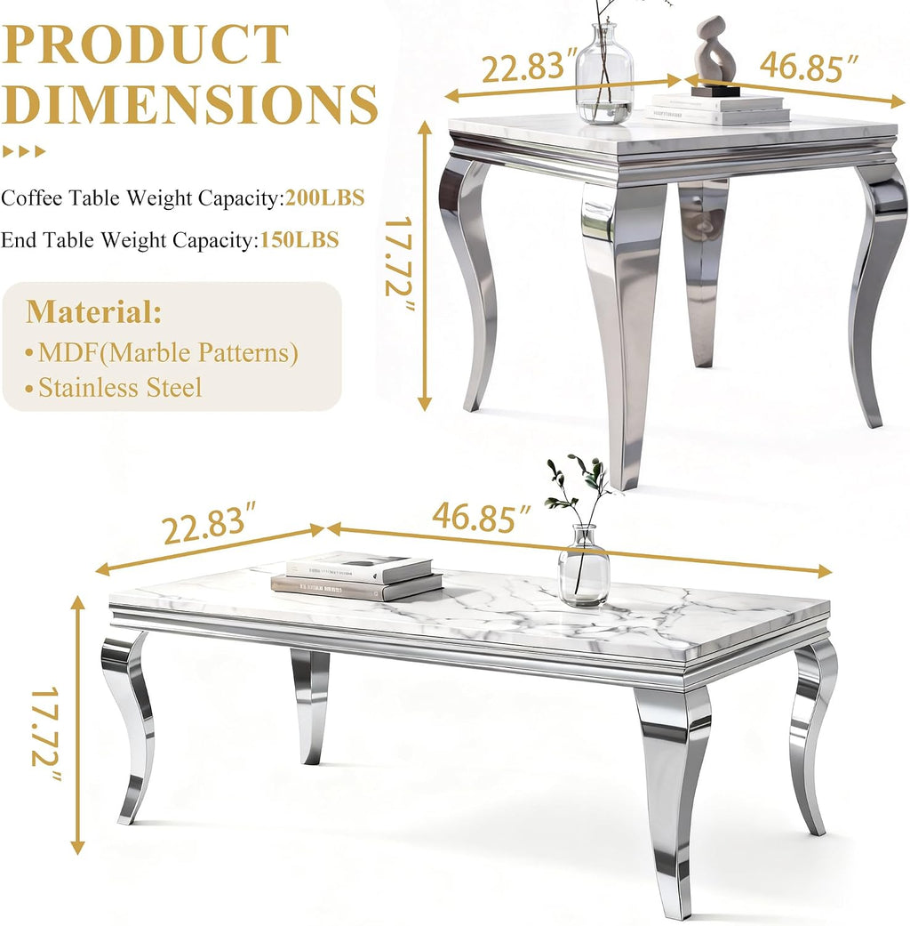 3-Piece Faux Marble Coffee Table Set with Silver Stainless Steel Legs | Modern Rectangular Center Table and 2 Square End Tables for Living Room, Office