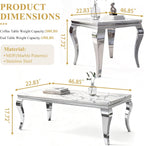 3-Piece Faux Marble Coffee Table Set with Silver Stainless Steel Legs | Modern Rectangular Center Table and 2 Square End Tables for Living Room, Office
