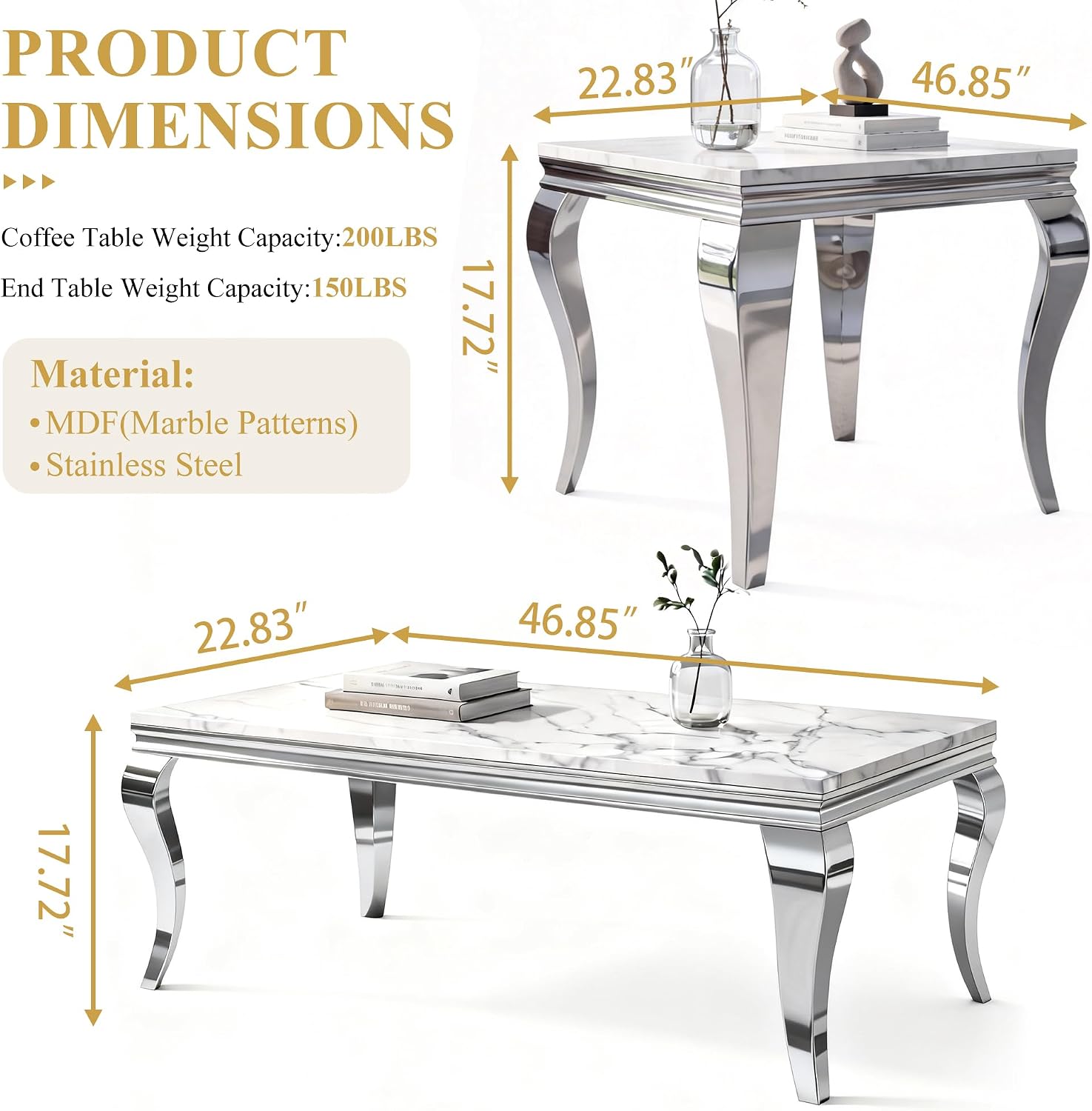 3-Piece Faux Marble Coffee Table Set with Silver Stainless Steel Legs | Modern Rectangular Center Table and 2 Square End Tables for Living Room, Office