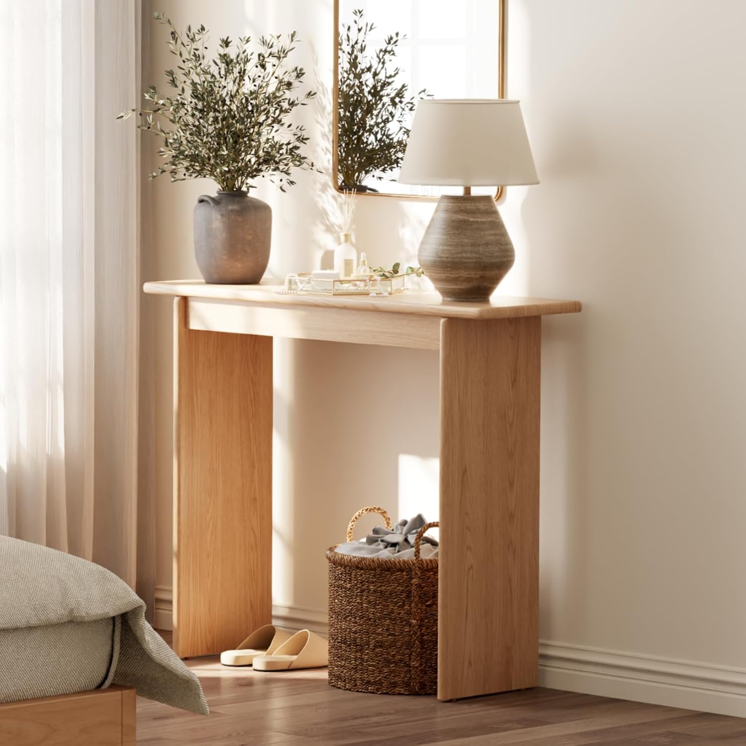 AQIMUELE Natural Console Table Thin Rubberwood Minimalist Mid-Century Style | Stable and Sturdy 11.8" D x 39.4" W x 31.5" H for Entryway/Sofa Back