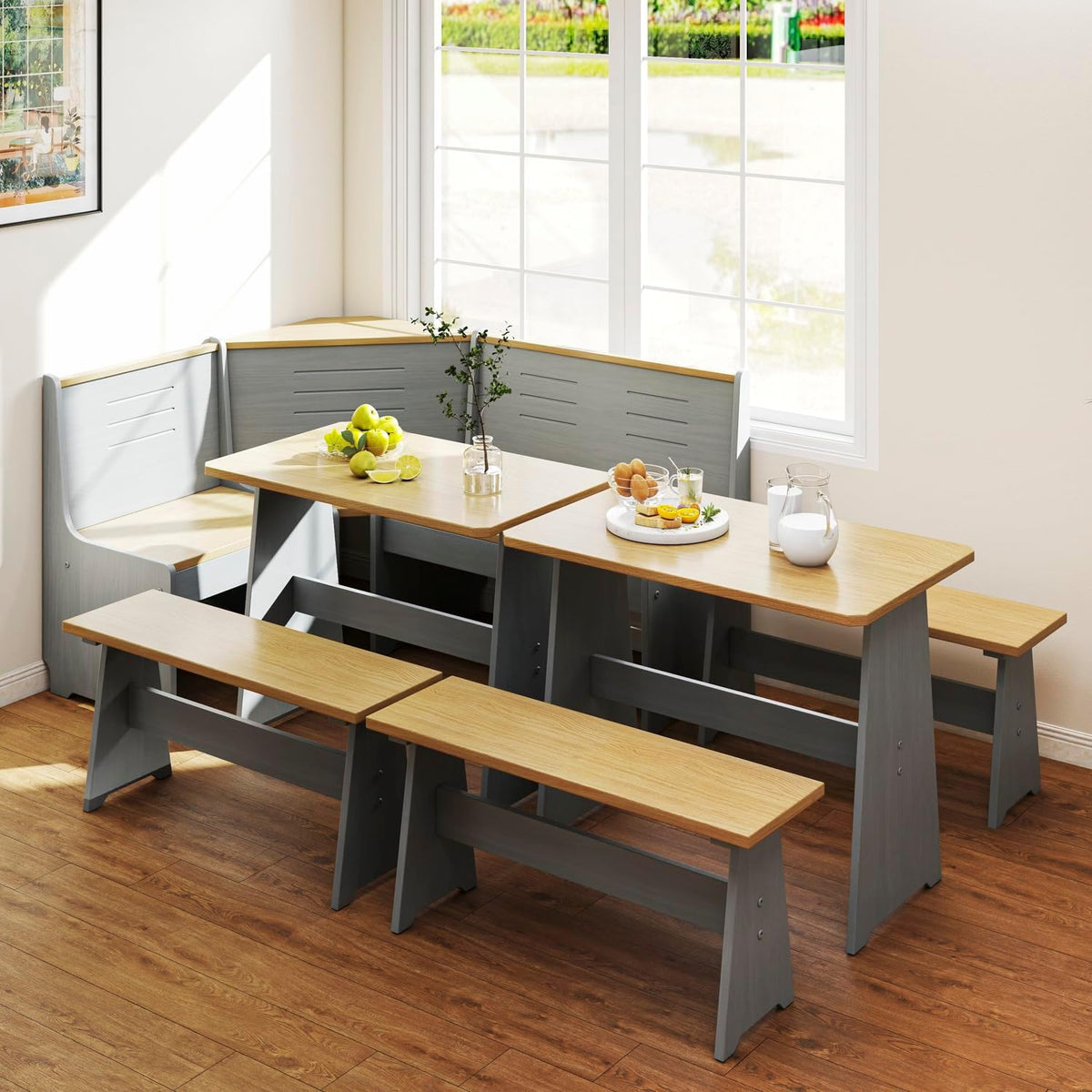 Breakfast Nook Kitchen Corner Dining Table with Bench Chair Set, Space-Saving 3-5 Seat L-Shape Set and 3-Piece Kitchen Nook Set for Family Home Grey Wood