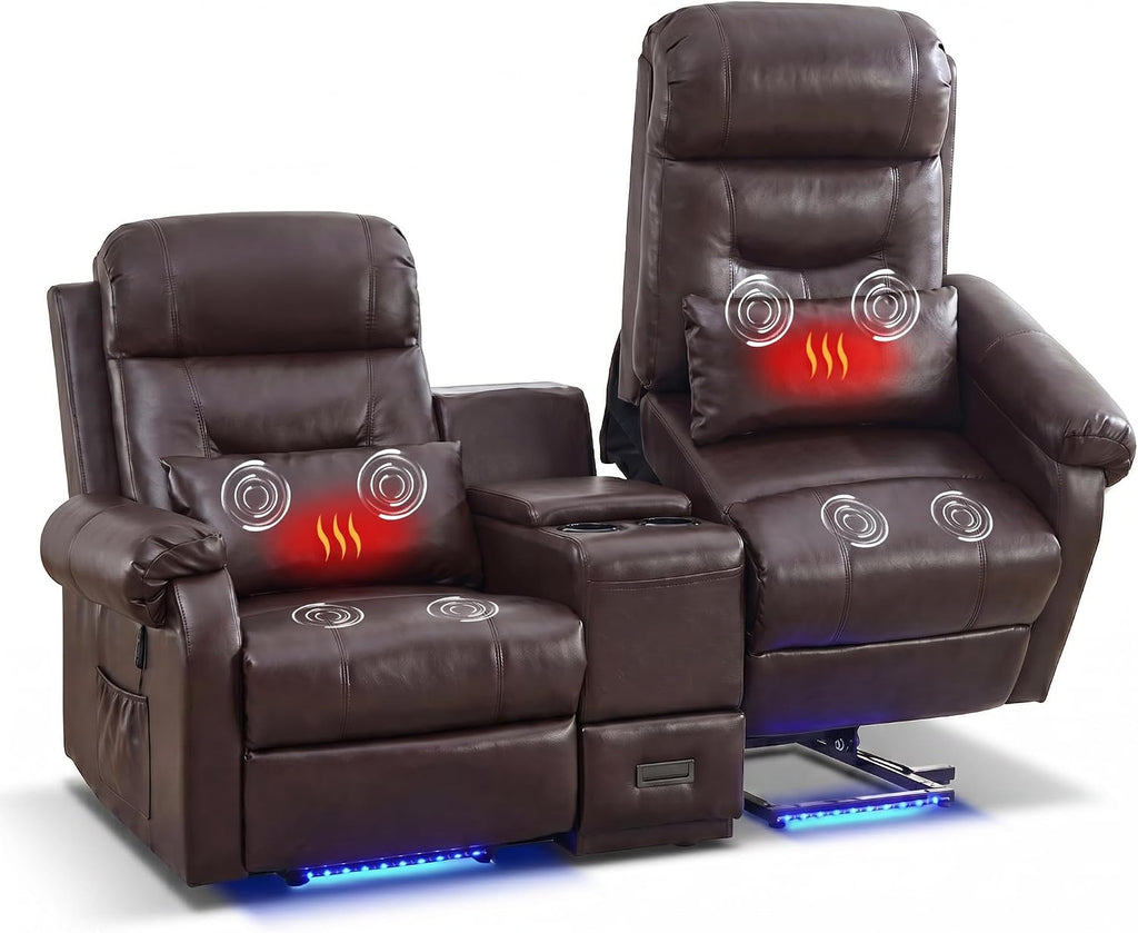MANBUR Dual Power Lift Recliner Loveseat for Elderly, 2-Seat Electric Recliner Sofa with Massage & Heat, Double Reclining Seating w/Cup Holders, USB Charging, Faux Leather Brown