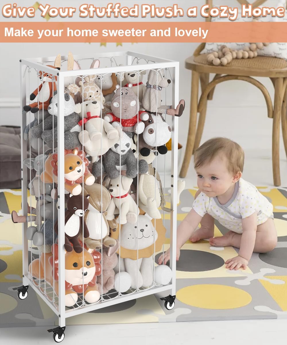 Stuffed Animal Storage Organizer with Wheels, Stuffed Animal Zoo Shelf with Elastic Rope for Nursery, Play Room, Bedroom, Kids Plush Toy Holder for Boys and Girls, White.